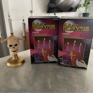 X2 Vintage 90’s Halloween HallowScream Haunted Skull Candelabra Flickering Flame